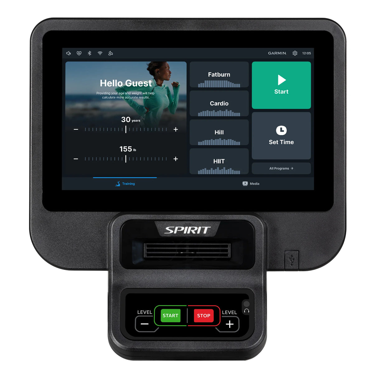 The Spirit Fitness CE800ENT Elliptical by Spirit Fitness features a touchscreen display with workout options like Fatburn, Cardio, Hill, and HIIT, a start button, progress bars, and physical controls labeled Level, Start, and Stop below the screen.