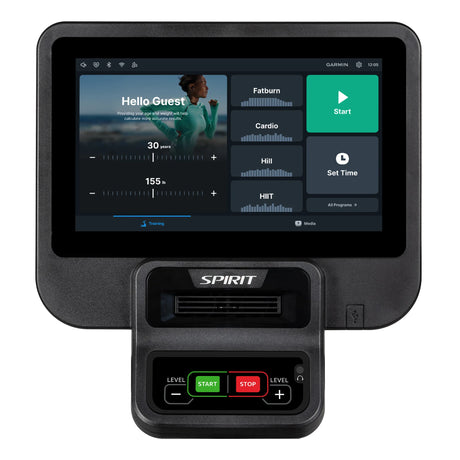 The Spirit Fitness CE800ENT Elliptical by Spirit Fitness features a touchscreen display with workout options like Fatburn, Cardio, Hill, and HIIT, a start button, progress bars, and physical controls labeled Level, Start, and Stop below the screen.