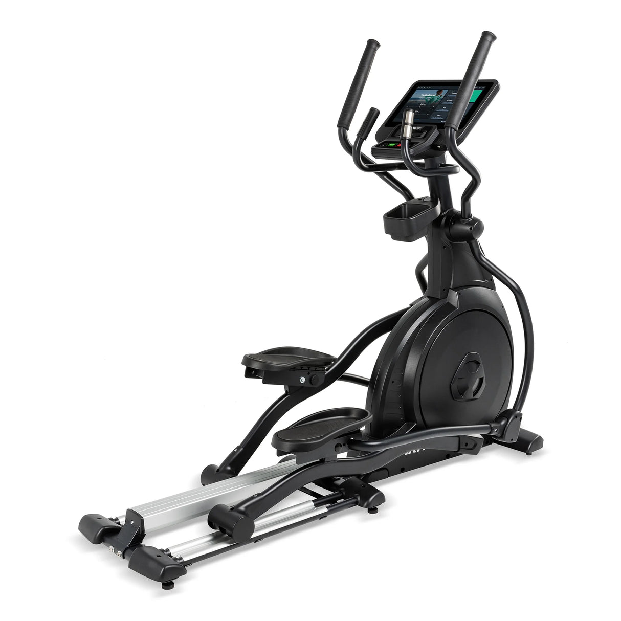 The Spirit Fitness CE800ENT Elliptical by Spirit Fitness is a black exercise machine featuring a digital display, stationary and moving handlebars, foot pedals, and a sturdy frame.