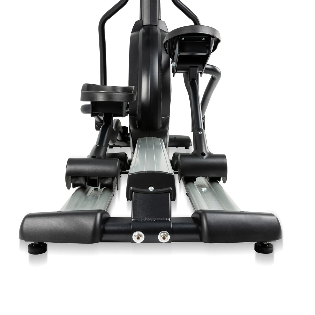 Front view of the Spirit Fitness CE800ENT Elliptical by Spirit Fitness, displaying its foot pedals, metal tracks, and sturdy frame against a white background.