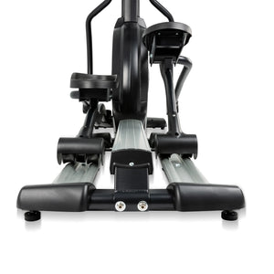 Front view of the Spirit Fitness CE800ENT Elliptical by Spirit Fitness, displaying its foot pedals, metal tracks, and sturdy frame against a white background.