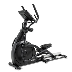 The Spirit Fitness CE800ENT Elliptical, a black exercise machine with handlebars and a digital display from Spirit Fitness, is shown on a white background.
