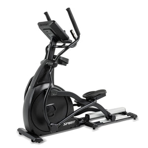 The Spirit Fitness CE800ENT Elliptical, a black exercise machine with handlebars and a digital display from Spirit Fitness, is shown on a white background.