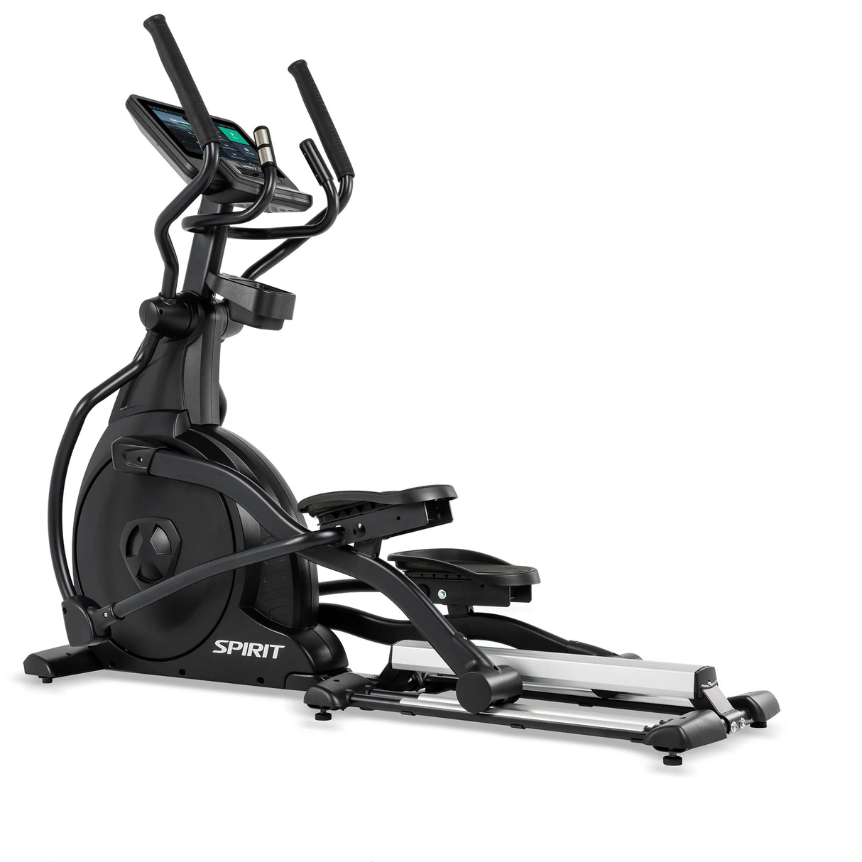 The Spirit Fitness CE800ENT Elliptical by Spirit Fitness is shown on a white background, featuring handles, a digital display screen, and foot pedals.