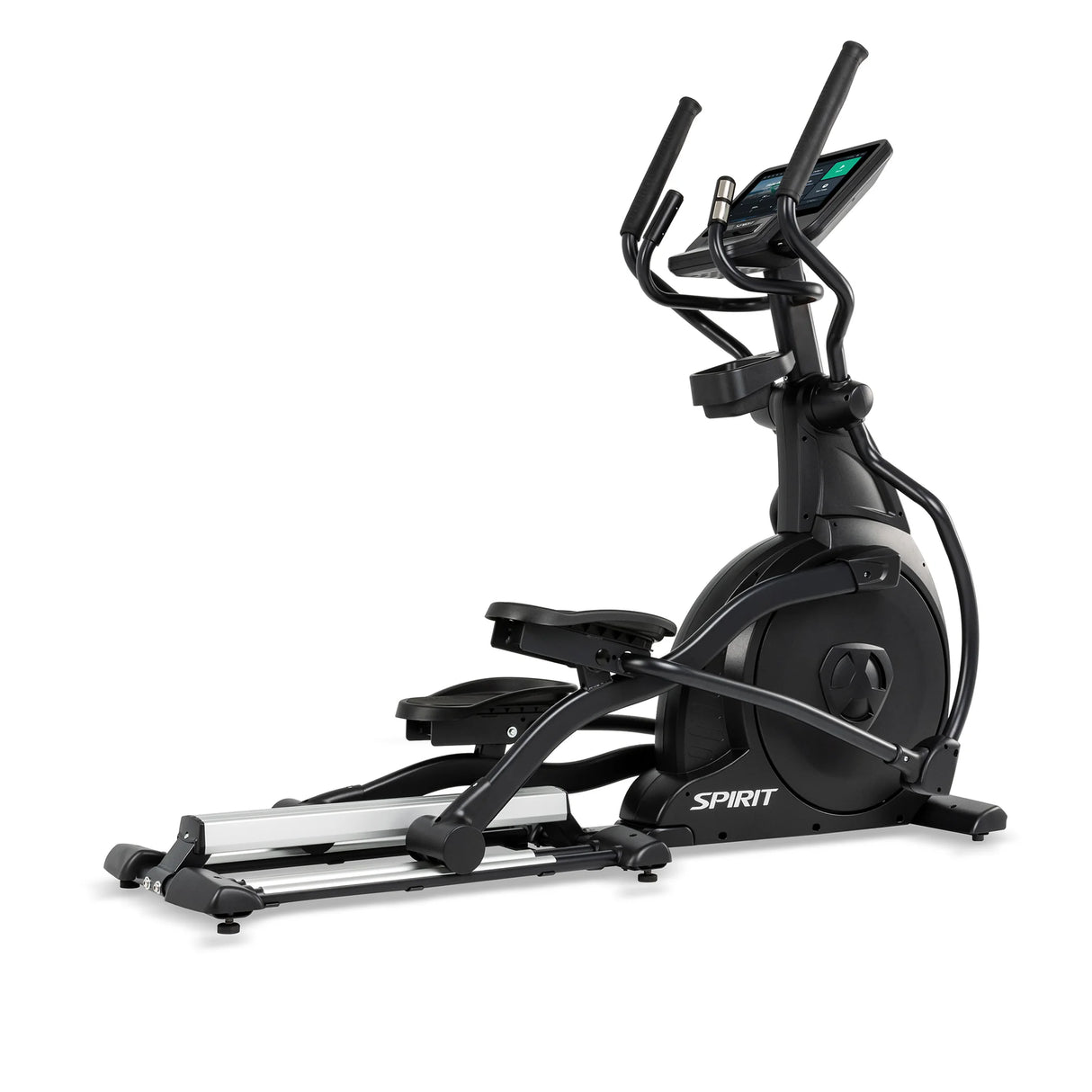 The Spirit Fitness CE800ENT Elliptical by Spirit Fitness, in black, features a console, handlebars, and foot pedals, displayed against a white background.