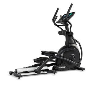 The Spirit Fitness CE800ENT Elliptical by Spirit Fitness, in black, features a console, handlebars, and foot pedals, displayed against a white background.