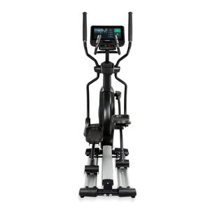 Front view of the Spirit Fitness CE800ENT Elliptical by Spirit Fitness, a black exercise machine with handlebars and a digital display, shown on a white background.