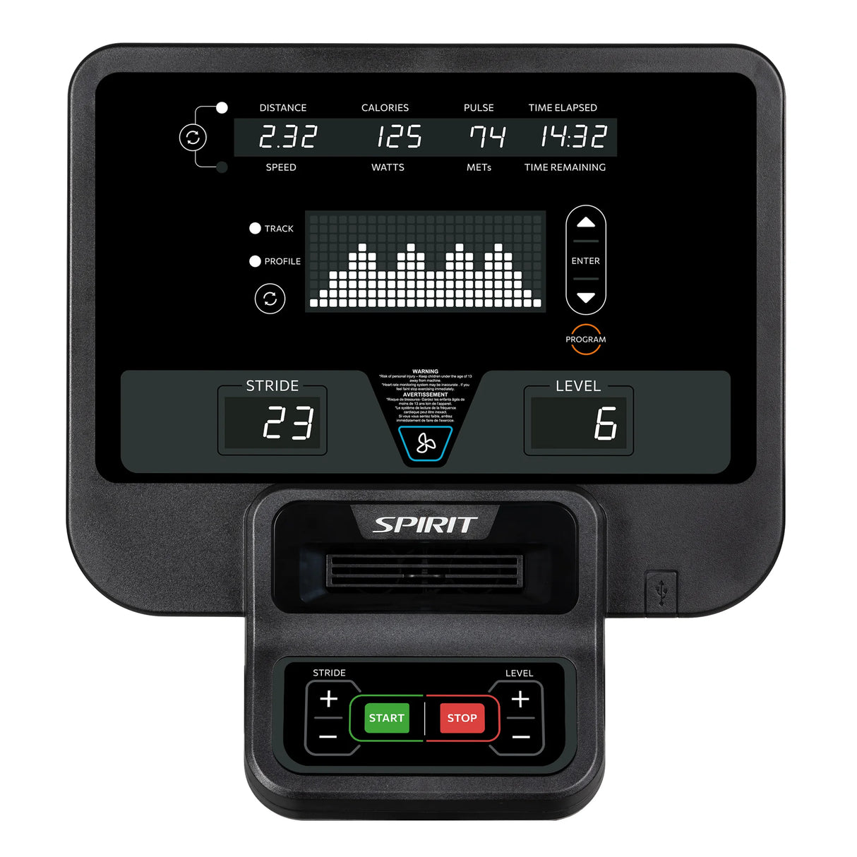 The image features the Spirit Fitness CE850 Elliptical’s digital console by Spirit Fitness, displaying distance, calories, pulse, time, stride length, resistance level, navigation buttons, and a START/STOP control panel.