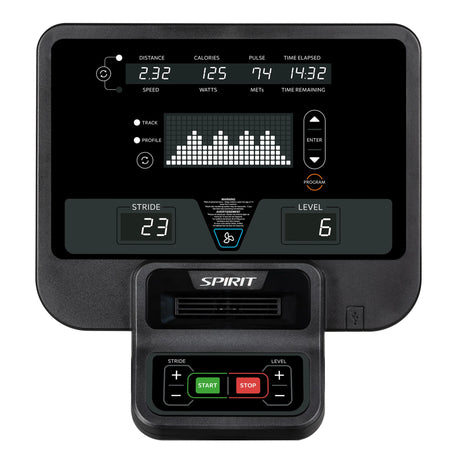 The image features the Spirit Fitness CE850 Elliptical’s digital console by Spirit Fitness, displaying distance, calories, pulse, time, stride length, resistance level, navigation buttons, and a START/STOP control panel.
