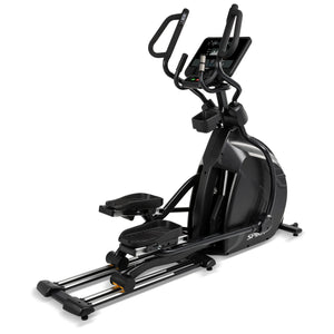 Spirit Fitness CE850 Elliptical by Spirit Fitness features a digital display console, dual handlebars, large foot pedals, and a rear-drive design, shown on a white background.