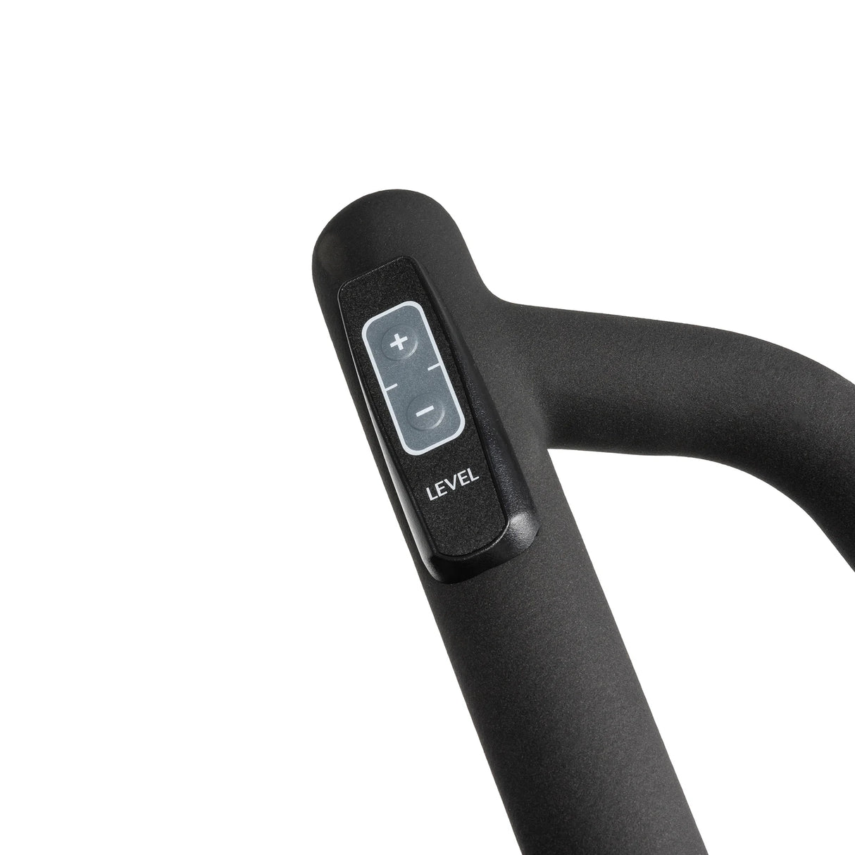 Close-up of the Spirit Fitness CE850 Elliptical’s black handlebar featuring a built-in resistance control panel with plus and minus LEVEL buttons for adjusting workout intensity. Brand: Spirit Fitness.