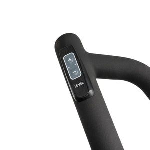 Close-up of the Spirit Fitness CE850 Elliptical’s black handlebar featuring a built-in resistance control panel with plus and minus LEVEL buttons for adjusting workout intensity. Brand: Spirit Fitness.