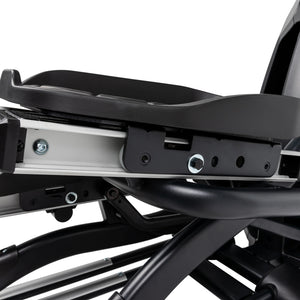 Close-up view of the adjustable black seat mechanism with metal rails and bolts on the Spirit Fitness CE850 Elliptical by Spirit Fitness.