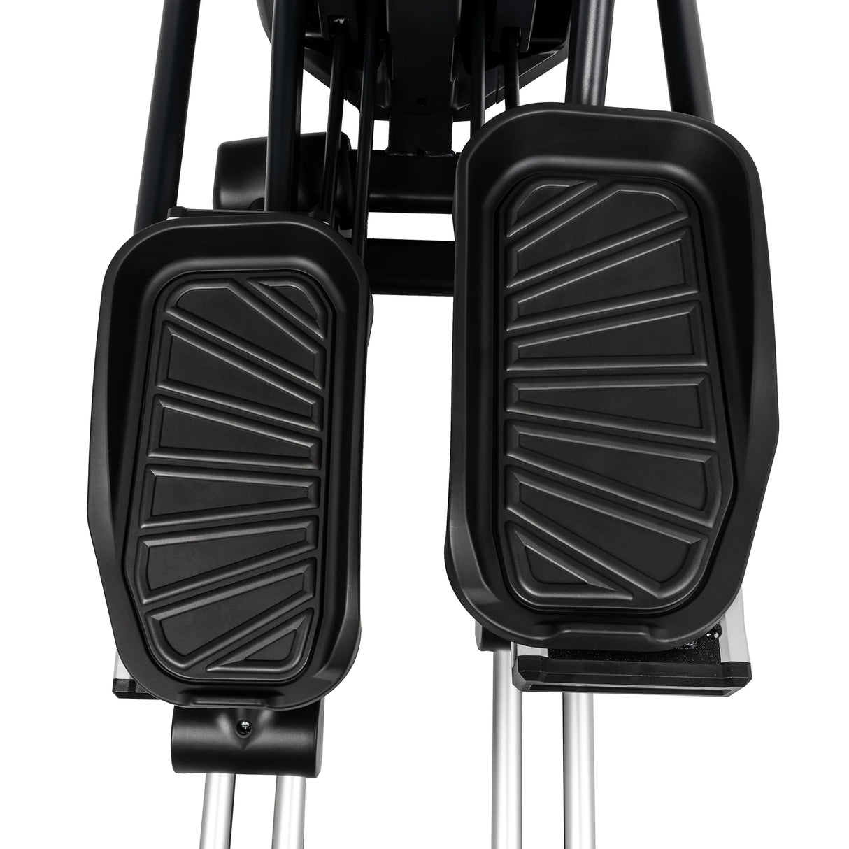 Close-up of two black textured foot pedals with raised geometric grip on the Spirit Fitness CE850 Elliptical by Spirit Fitness, mounted on a black metal frame with silver rails for added stability.