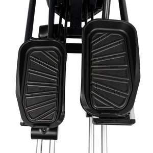 Close-up of two black textured foot pedals with raised geometric grip on the Spirit Fitness CE850 Elliptical by Spirit Fitness, mounted on a black metal frame with silver rails for added stability.