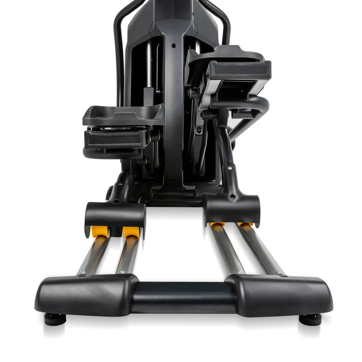 Close-up rear view of the Spirit Fitness CE850 Elliptical by Spirit Fitness, highlighting its black base with yellow accents, rail system, stabilizing feet, and mechanical components against a white background.