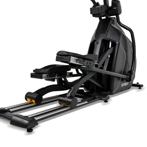 A close-up of the Spirit Fitness CE850 Elliptical shows its black frame, pedals, handlebars, and rails. Designed for indoor cardio workouts, it features the Spirit Fitness logo on the side.