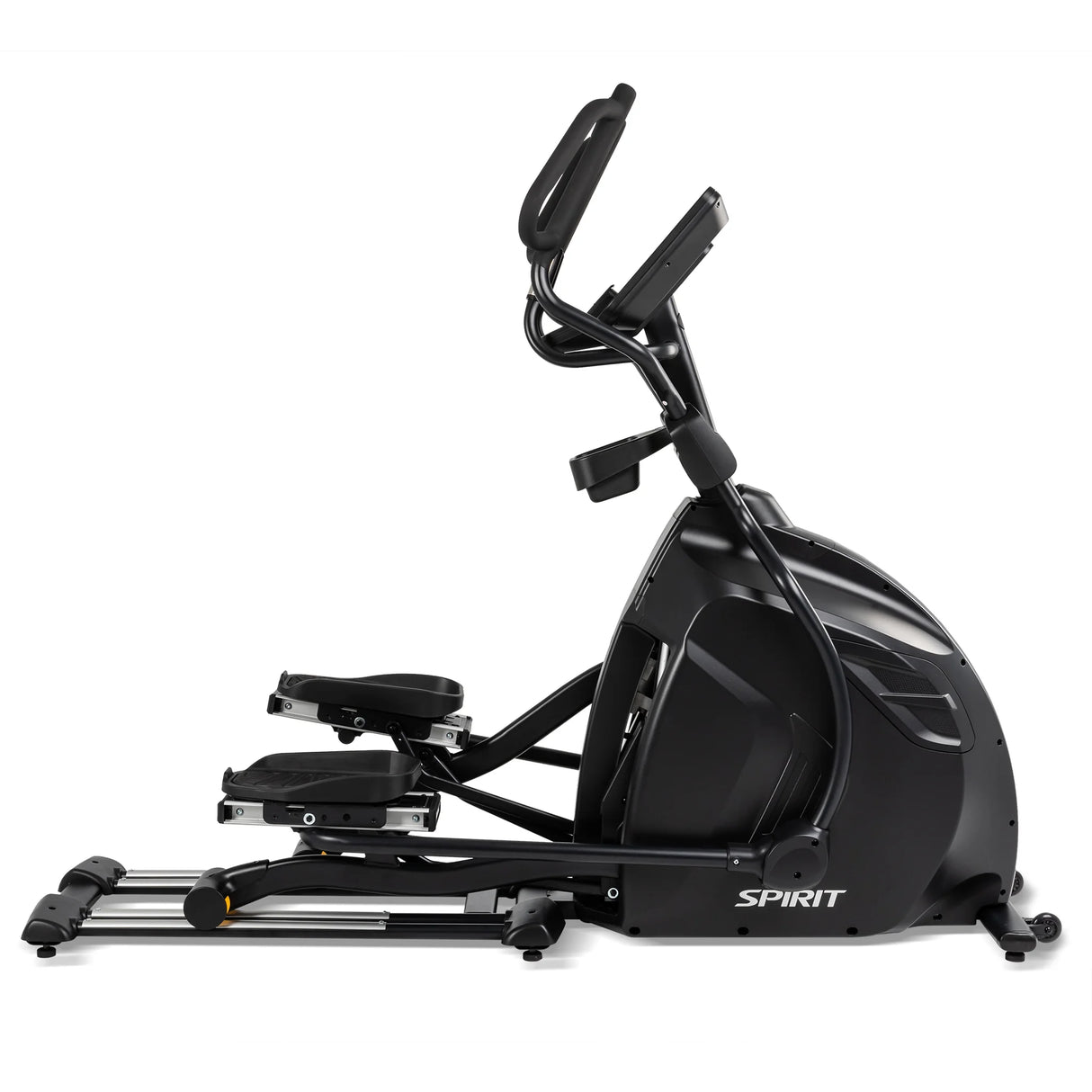 The Spirit Fitness CE850 Elliptical is a black exercise machine with foot pedals, handlebars, and a digital display screen. The Spirit Fitness brand name appears on the side, shown against a white background.