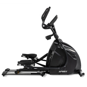 The Spirit Fitness CE850 Elliptical is a black exercise machine with foot pedals, handlebars, and a digital display screen. The Spirit Fitness brand name appears on the side, shown against a white background.
