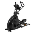 The Spirit Fitness CE850 Elliptical by Spirit Fitness is shown on a white background, angled to display its side and back. This black exercise machine features a digital display, handlebars, and foot pedals.