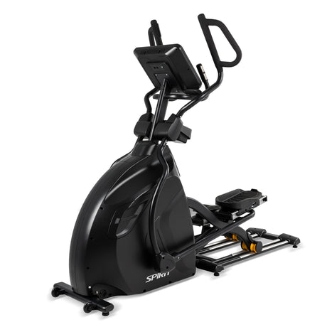 The Spirit Fitness CE850 Elliptical by Spirit Fitness is shown on a white background, angled to display its side and back. This black exercise machine features a digital display, handlebars, and foot pedals.