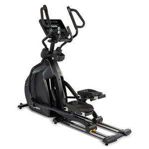 The Spirit Fitness CE850 Elliptical by Spirit Fitness, shown at a front-left angle on a white background, features a black frame, pedals, moving handles, and a digital display console.