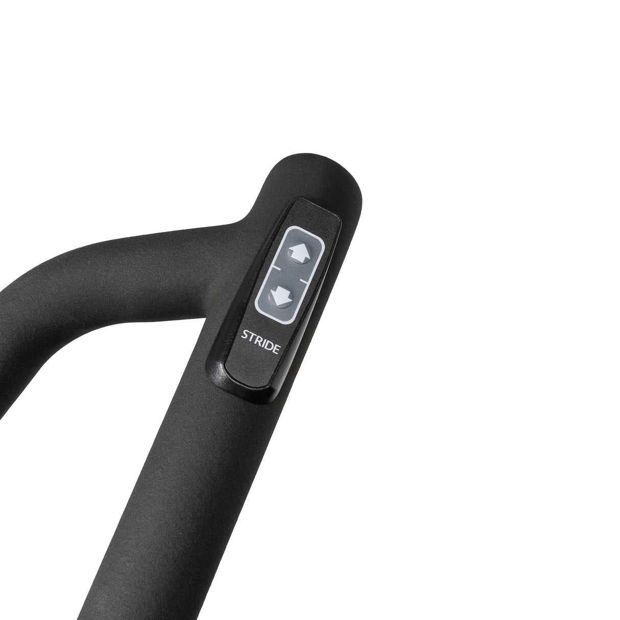 Close-up of a black handlebar with two arrow buttons and "STRIDE" on a control panel, part of the Spirit Fitness CE850 Elliptical by Spirit Fitness.