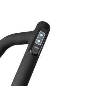 Close-up of a black handlebar with two arrow buttons and "STRIDE" on a control panel, part of the Spirit Fitness CE850 Elliptical by Spirit Fitness.