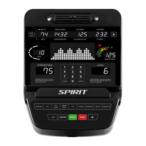 The Spirit Fitness CE900 Elliptical by Spirit Fitness features a console displaying workout stats—watts, time, calories, distance, METS, strides per minute, heart rate, laps, and resistance level—with control buttons below the screen.