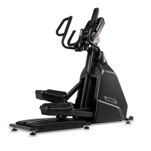 The Spirit Fitness CE900 Elliptical by Spirit Fitness is a black, modern exercise machine with a digital display, movable handlebars, and large pedals, shown on a white background. The brand name appears on the side.