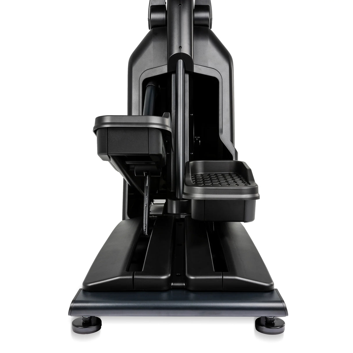 Front view of the Spirit Fitness CE900 Elliptical by Spirit Fitness, featuring black foot pedals and a sturdy base in a modern, sleek design against a white background.