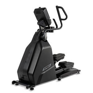 The Spirit Fitness CE900 Elliptical by Spirit Fitness is a black stair climber elliptical machine featuring a digital display and handlebars, shown on a white background.