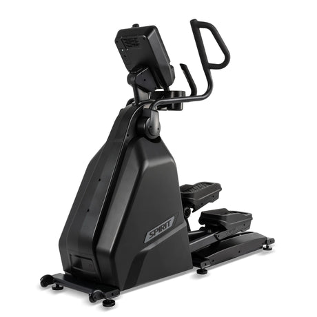 The Spirit Fitness CE900 Elliptical by Spirit Fitness is a black stair climber elliptical machine featuring a digital display and handlebars, shown on a white background.