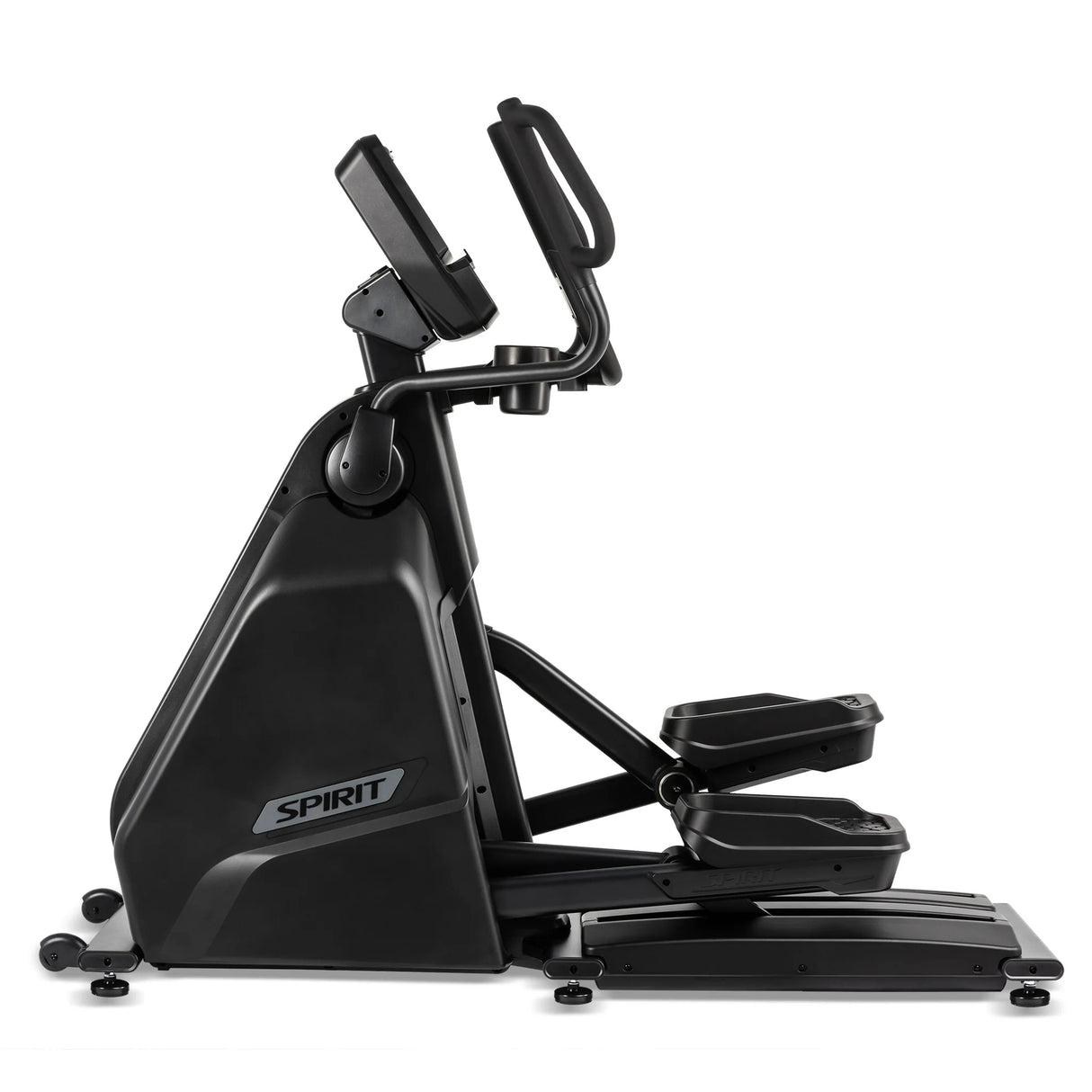 A side view of the Spirit Fitness CE900 Elliptical by Spirit Fitness, a black indoor cardio machine featuring a digital display, large handles, and foot pedals.