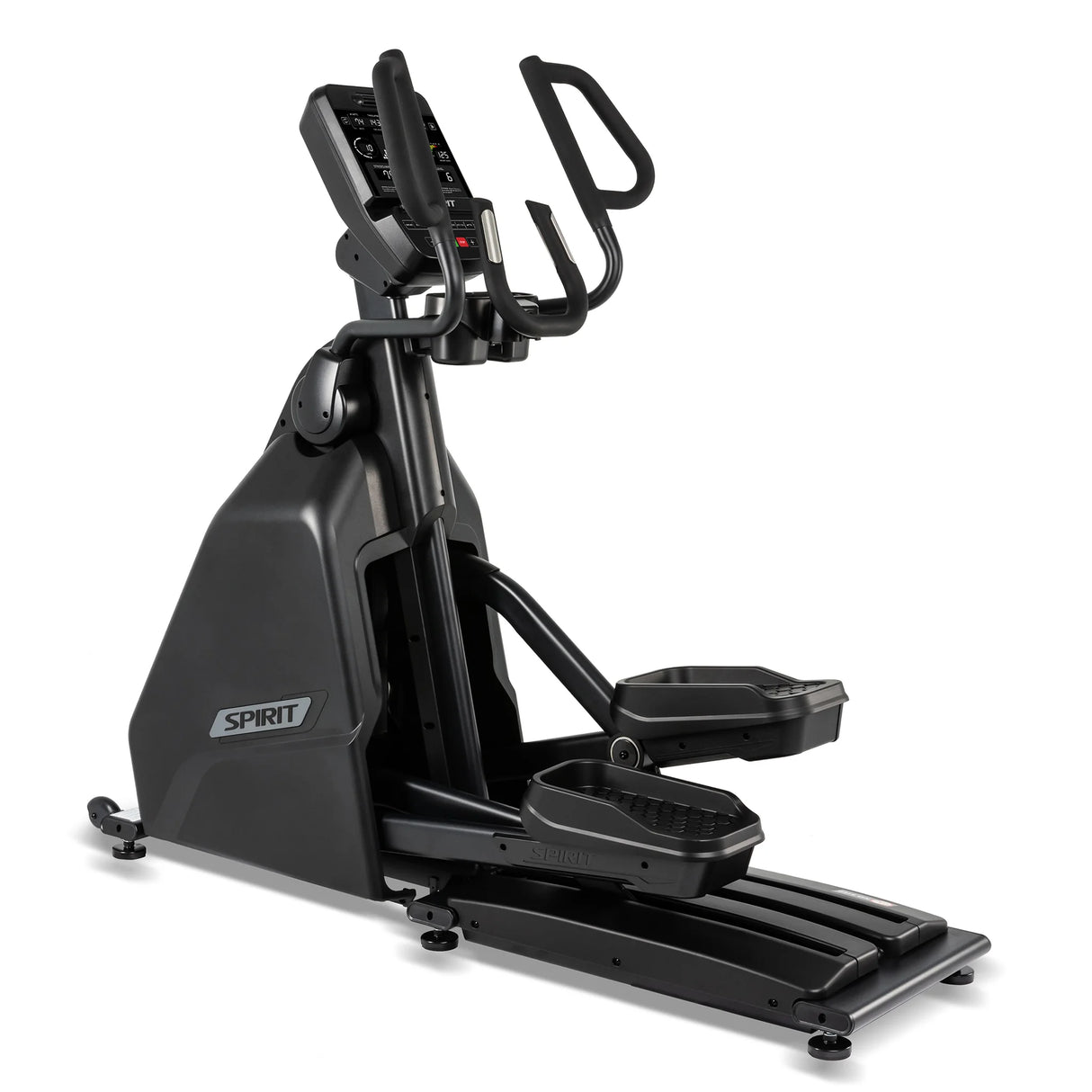 The Spirit Fitness CE900 Elliptical by Spirit Fitness is a black indoor cardio machine with a digital console, dual handlebars, and large foot pedals for effective workouts.