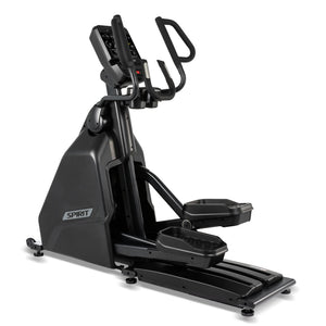 The Spirit Fitness CE900 Elliptical by Spirit Fitness is a black indoor cardio machine with a digital console, dual handlebars, and large foot pedals for effective workouts.