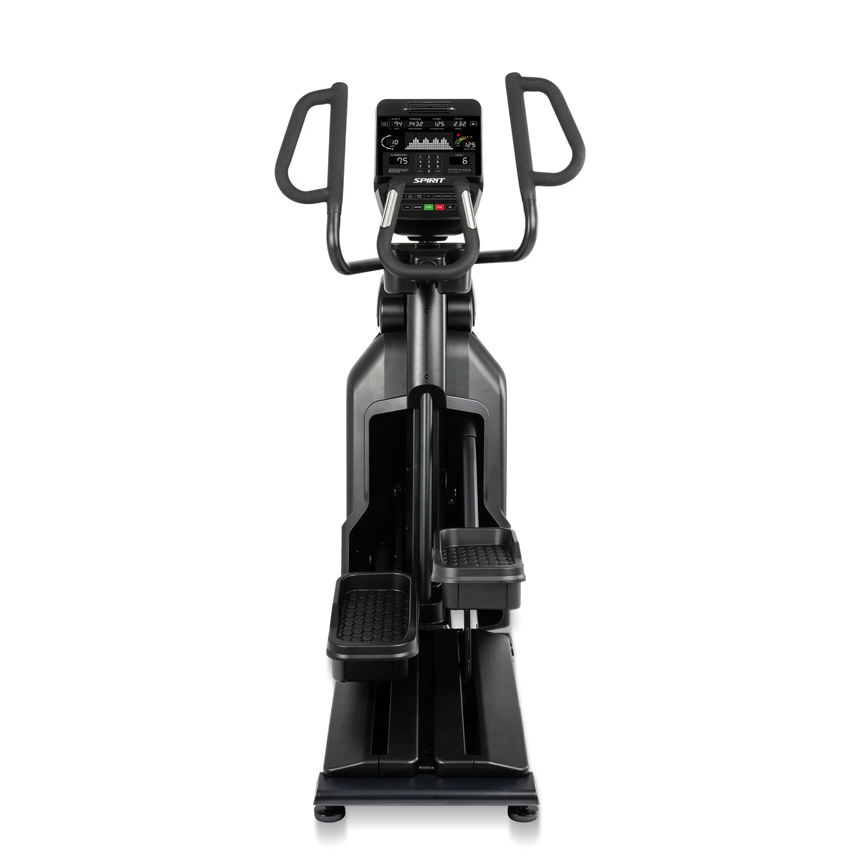 The Spirit Fitness CE900 Elliptical by Spirit Fitness features a black design and digital display showing time, distance, calories, and heart rate.