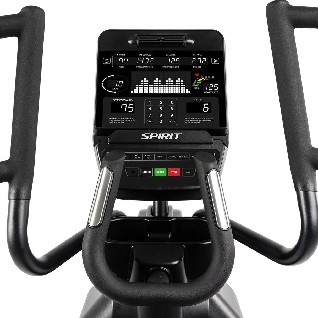 Close-up of the Spirit Fitness CE900 Elliptical control panel and handlebars, showing workout data like time, distance, calories, heart rate, and resistance level on a digital display.
