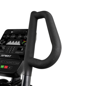 Close-up of the Spirit Fitness CE900 Elliptical handlebar and digital display, featuring workout metrics, control buttons, and the user interface against a white background. Brand: Spirit Fitness.