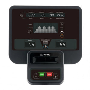 The Spirit Fitness CES880 Suspension Elliptical console shows distance, calories, pulse, and time. Below the display, it indicates an RPM of 75 and a resistance level of 6.8.