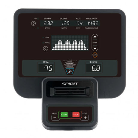 The Spirit Fitness CES880 Suspension Elliptical console shows distance, calories, pulse, and time. Below the display, it indicates an RPM of 75 and a resistance level of 6.8.