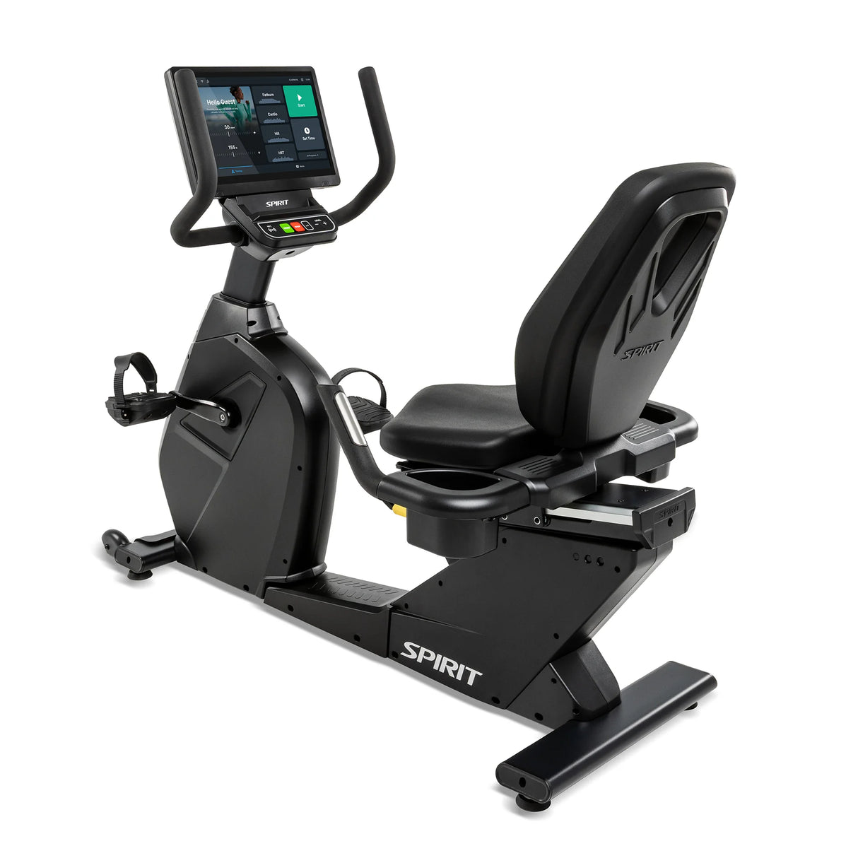The Spirit Fitness CR1000ENT Recumbent Bike by Spirit Fitness features a large touchscreen console, a reclined seat with backrest, side handlebars, and a low step-through frame in black, displayed on a white background.