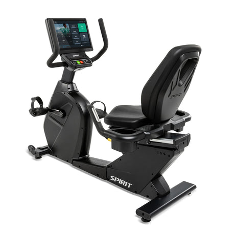 The Spirit Fitness CR1000ENT Recumbent Bike by Spirit Fitness features a large touchscreen console, a reclined seat with backrest, side handlebars, and a low step-through frame in black, displayed on a white background.