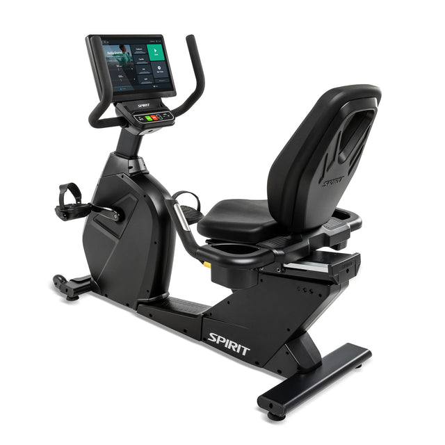 The Spirit Fitness CR1000ENT Recumbent Bike by Spirit Fitness features a large touchscreen console, a reclined seat with backrest, side handlebars, and a low step-through frame in black, displayed on a white background.