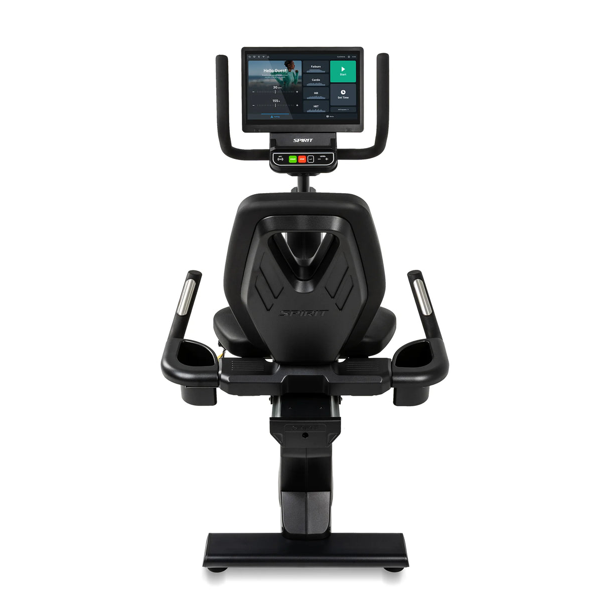 Front-facing view of the Spirit Fitness CR1000ENT Recumbent Bike showing the touchscreen console, contoured seat back with cutout handle, dual armrests with built-in cup holders, and pedals below in black.