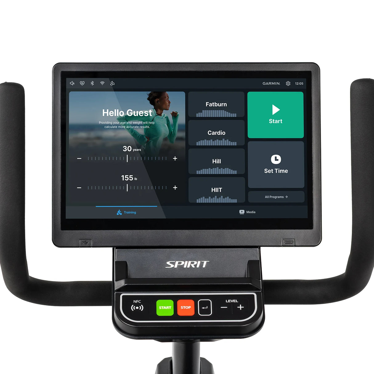 Close-up of the Spirit Fitness CR1000ENT Recumbent Bike console screen showing the user setup interface with age and weight sliders, workout program tiles, and Start and Set Time buttons. Brand: Spirit Fitness.