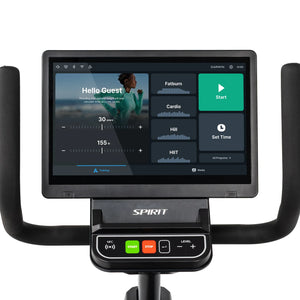 Close-up of the Spirit Fitness CR1000ENT Recumbent Bike console screen showing the user setup interface with age and weight sliders, workout program tiles, and Start and Set Time buttons. Brand: Spirit Fitness.