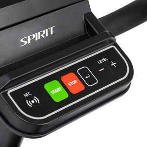 Close-up of the Spirit Fitness CR1000ENT Recumbent Bike's physical control panel showing the NFC tap zone, green Start button, red Stop button, and Level plus/minus buttons beneath the Spirit logo.