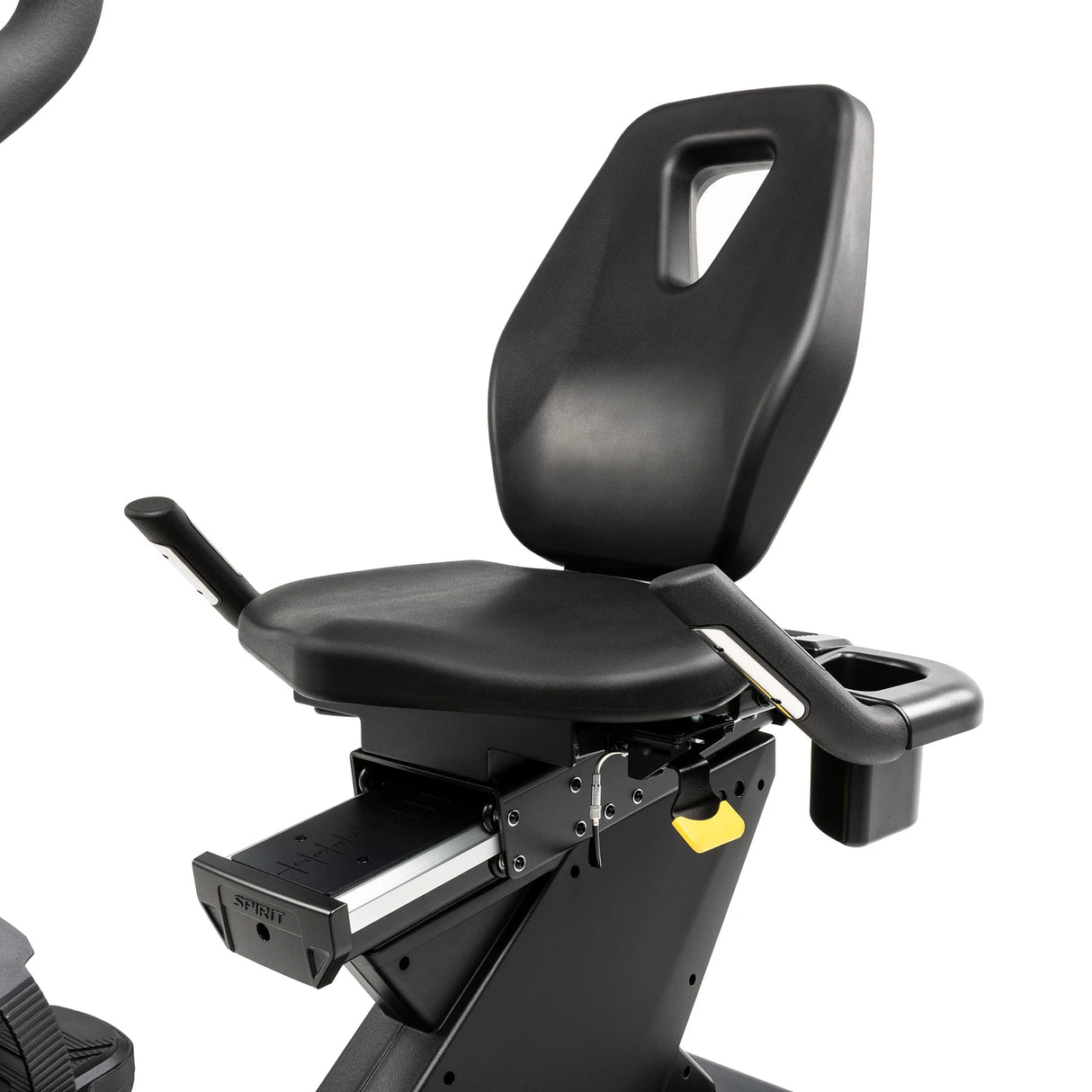 Close-up of the Spirit Fitness CR1000ENT Recumbent Bike seat and backrest assembly, showing the side armrest with cup holder and the sliding rail mechanism used to adjust seat position.