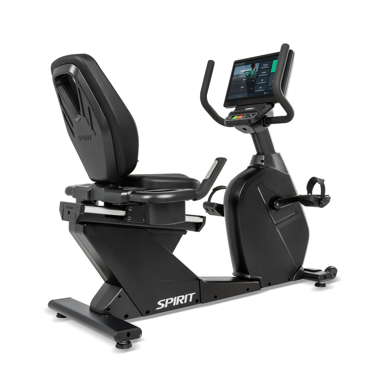 Front angled view of the black Spirit Fitness CR1000ENT Recumbent Bike showing the reclined seat with contoured backrest, cup holders, side handlebars, and elevated touchscreen console.